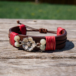 Sakura Blossom and Jade Leather Cuff - Medium